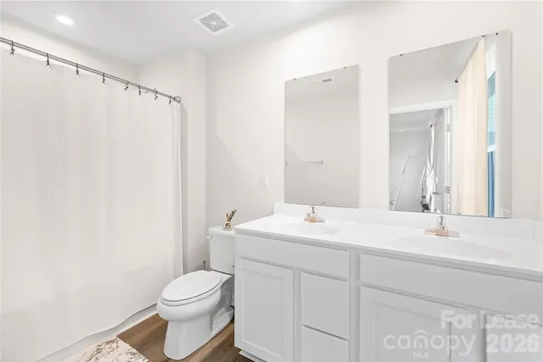 a bathroom with a sink vanity mirror and toilet