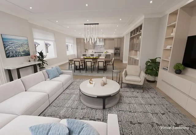 a view of a dining room with furniture