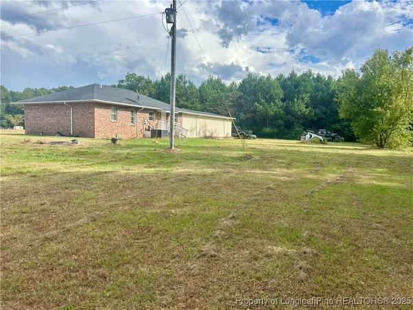 a view of a field with a big yard and palm trees