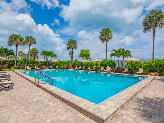 a view of a lake with a yard and potted plants