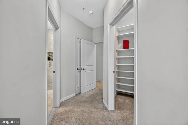 a view of a hallway with closet and cabinet