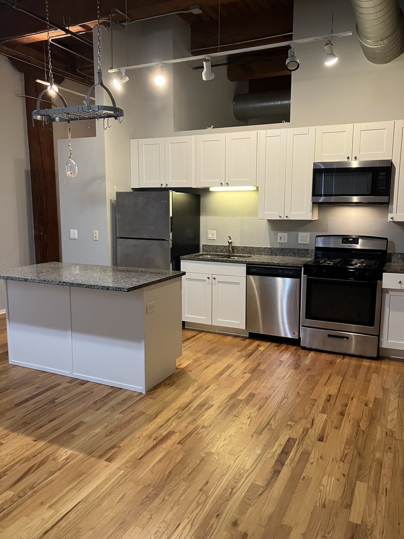 1500 West Monroe Street, Unit 113 Chicago, IL 60607 - Photo 3 of 15 a kitchen with stainless steel appliances granite countertop a sink and a stove