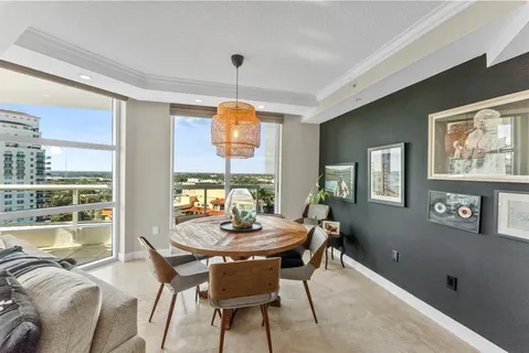 a view of a dining room with furniture window and outside view