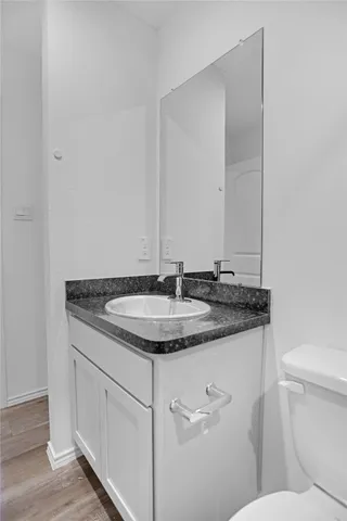 a bathroom with a granite countertop sink a toilet and a mirror