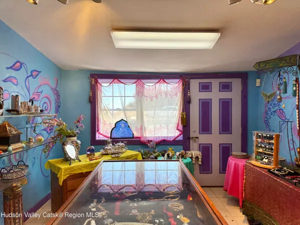 a view of a dining room with furniture