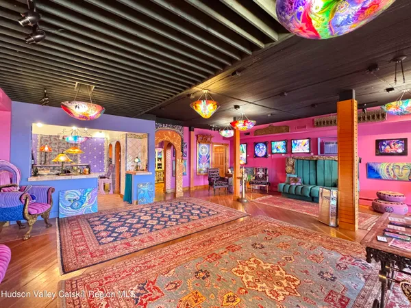 an outdoor space with seating