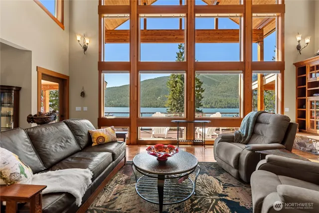 a living room with furniture and a floor to ceiling window