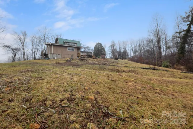 a view of a dry yard with trees
