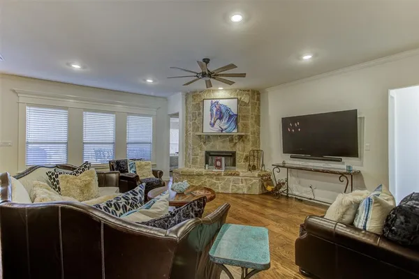 a living room with fireplace furniture and a flat screen tv