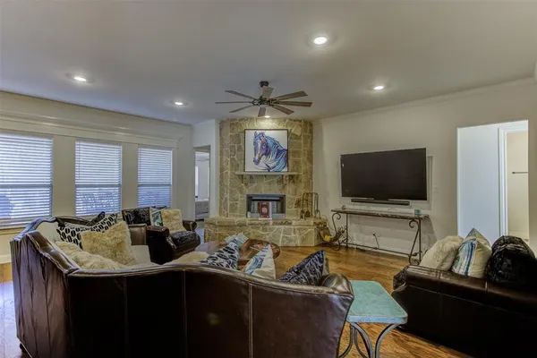 a living room with fireplace furniture and a flat screen tv