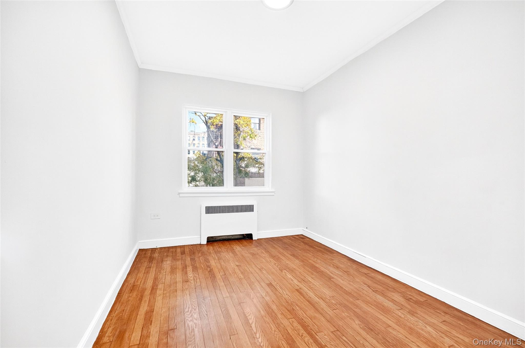 1458 Rowland Street Bronx, NY 10461 - Photo 41 of 49 Empty room with radiator, light wood finished floors, and ornamental molding