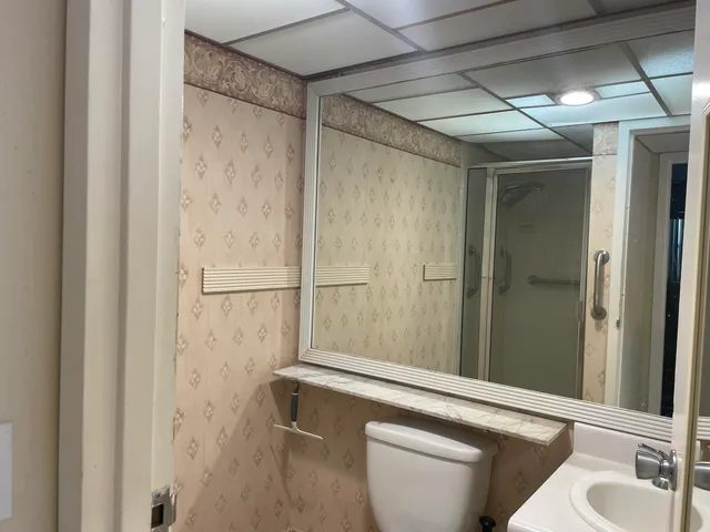a bathroom with a shower and a toilet