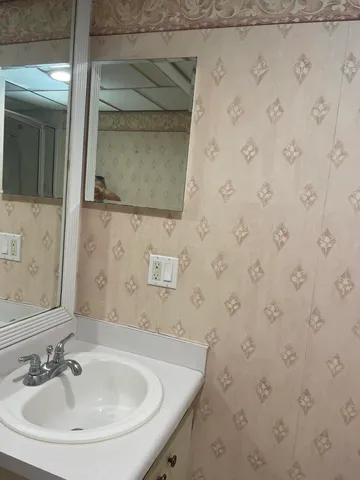 a bathroom with a sink and a mirror