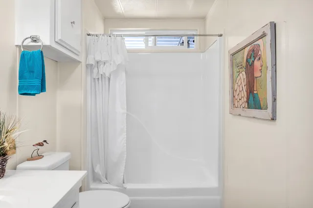 a bathroom with a shower curtain and a sink