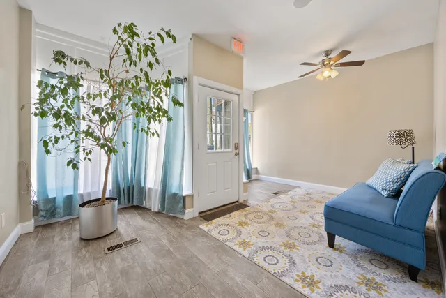 a living room with furniture and a potted plant