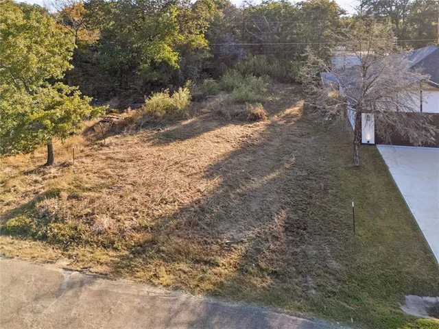 a view of a yard with large trees