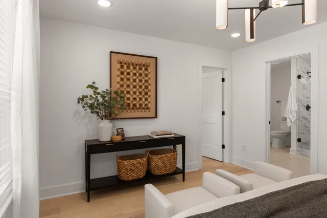 a living room with furniture and a potted plant