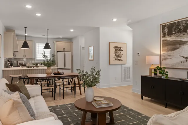 a view of a dining room with furniture