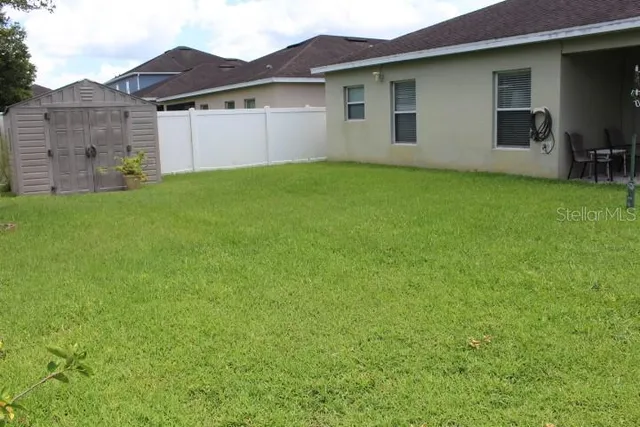 a view of a park with large trees