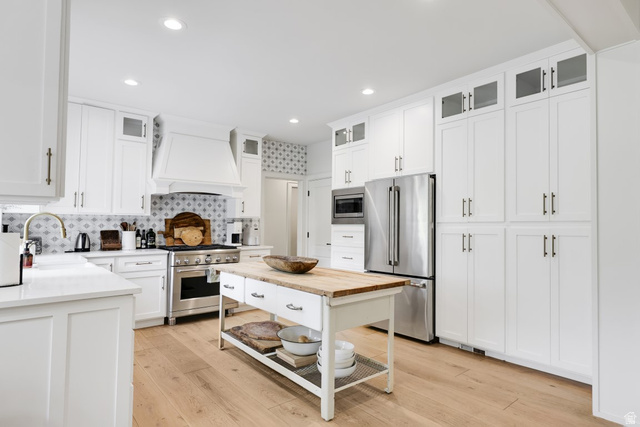 180 Farm Road Midway, UT 84049 - Photo 36 of 99 White shaker cabinetry, wood-finish flooring, stainless steel appliances, patterned tile backsplash, and a wood-top island with open shelving