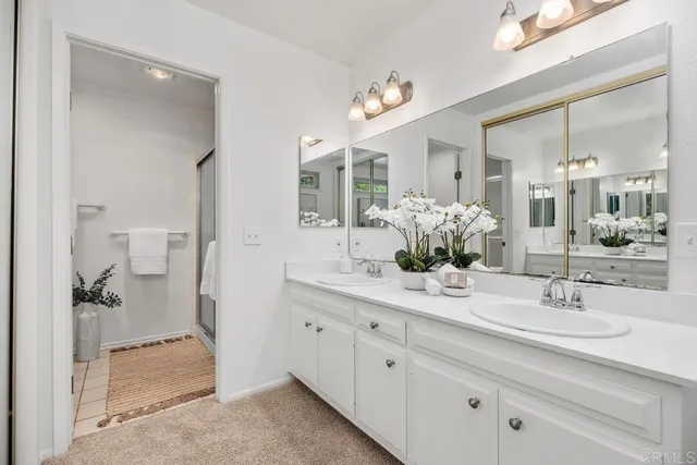a bathroom with a double vanity sink mirror and next to a window