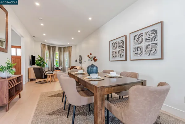 a view of a dining room with furniture