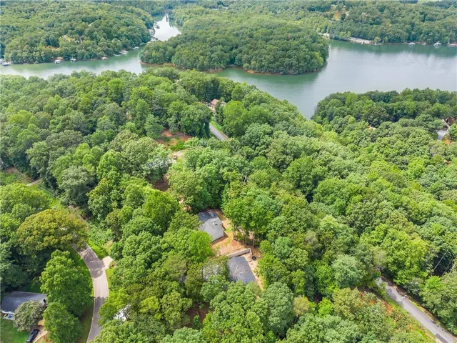 an aerial view of residential houses with outdoor space and trees