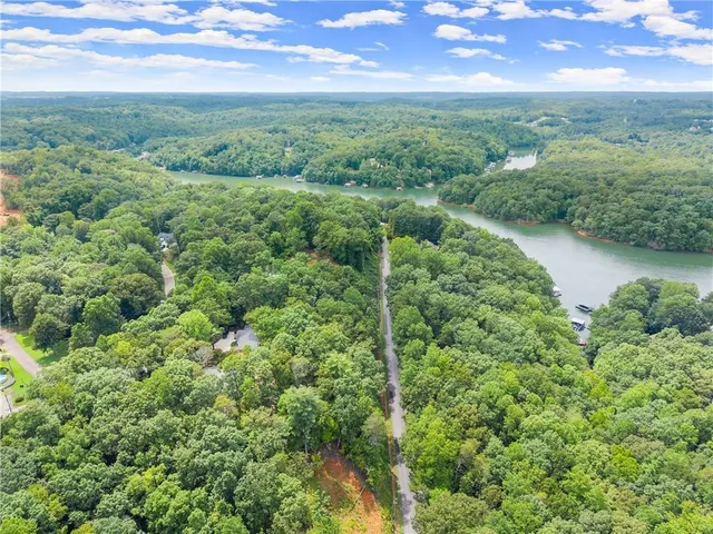 an aerial view of residential houses with outdoor space and trees