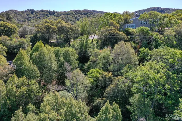 an aerial view of residential house with outdoor space and trees all around