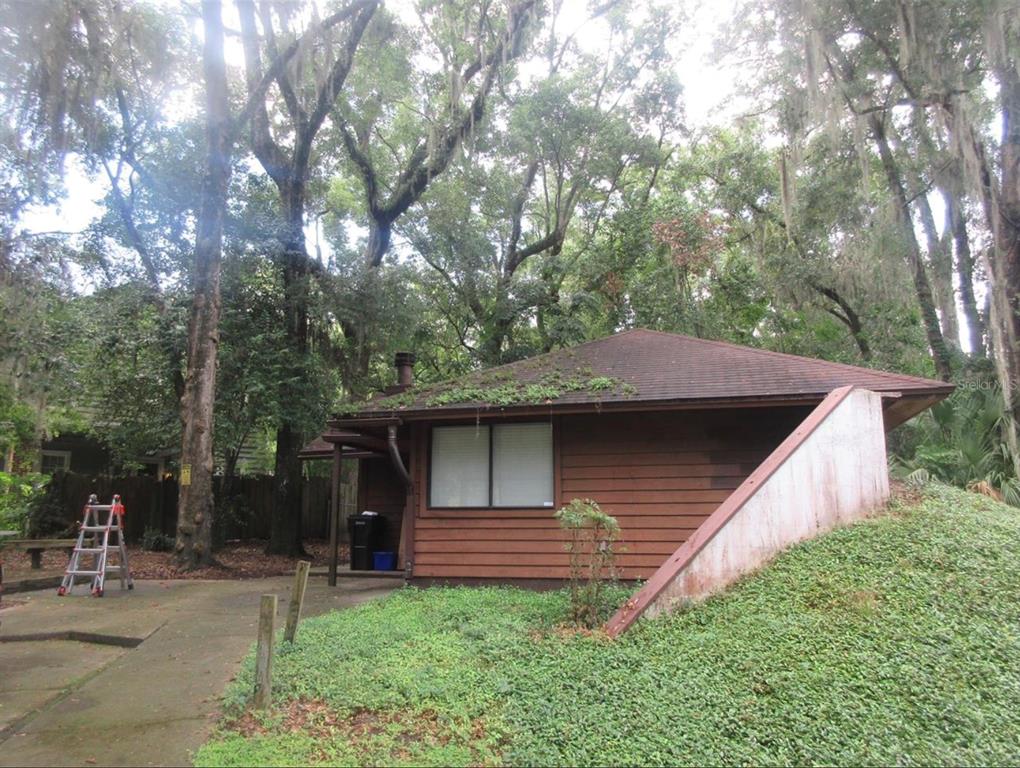 a view of a backyard with large trees