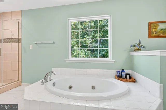 a bathroom with a tub sink and mirror