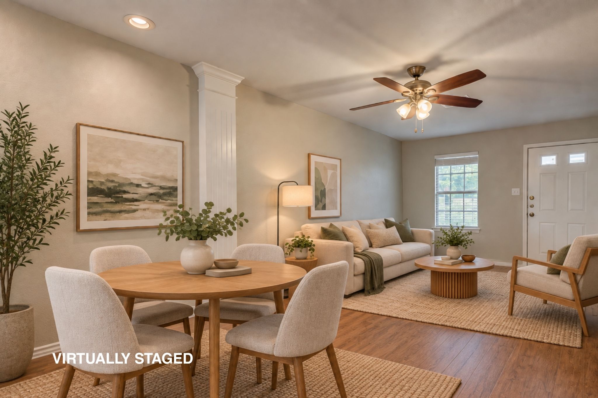 Warm wood flooring and classic architectural details define this open, inviting main living space.