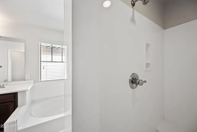 a bathroom with a bathtub and a shower