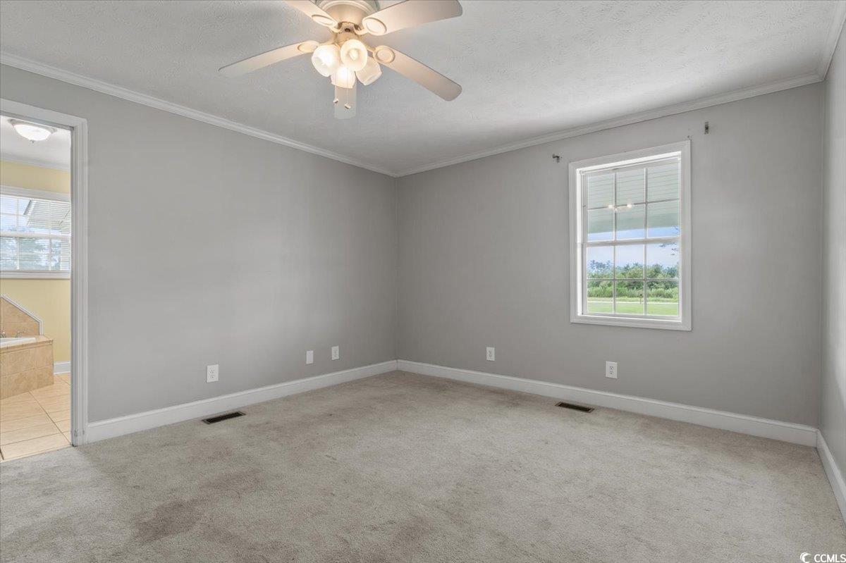 148 High Hill Road Lake View, SC 29563 - Photo 27 of 40 Unfurnished room with crown molding, light colored carpet, a textured ceiling, and a ceiling fan