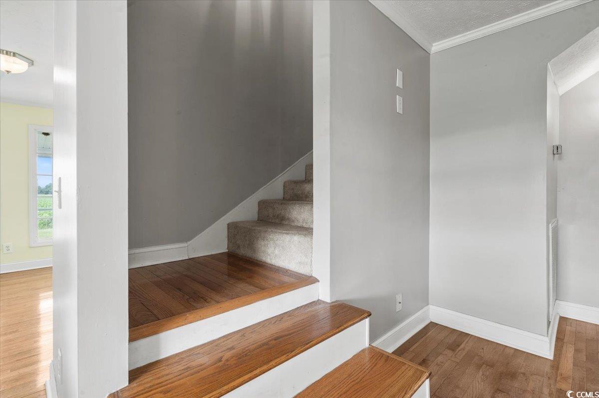 148 High Hill Road Lake View, SC 29563 - Photo 31 of 40 Stairway with wood finished floors, crown molding, and a textured ceiling