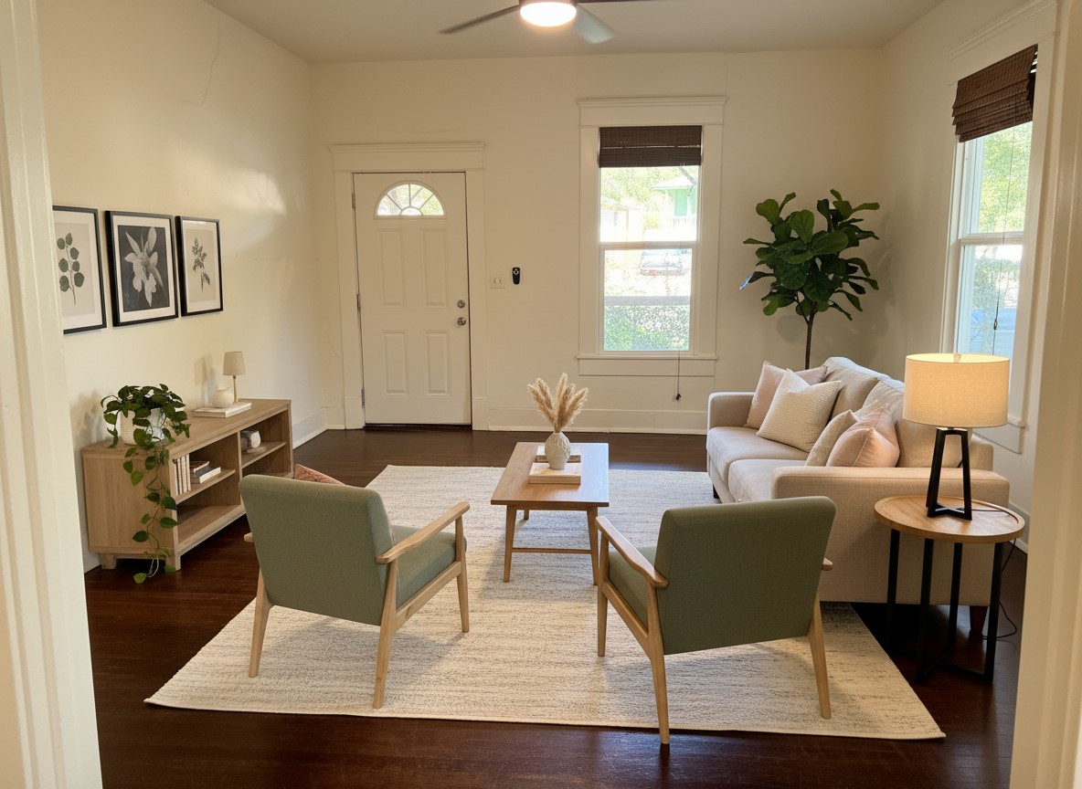 1136 Eleanor Street Austin, TX 78721 - Photo 4 of 30 Virtual Staged: Hardwood floors and a pristine entry door create an inviting living space.