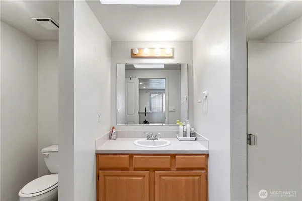 a bathroom with a toilet a sink and mirror