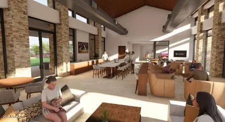 a living room with furniture a flat screen tv and a large window