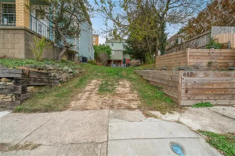 a view of a yard with plants and a pathway