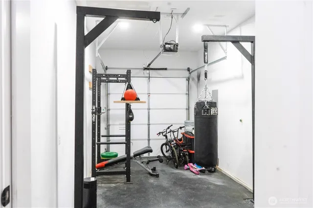 a view of a garage with storage