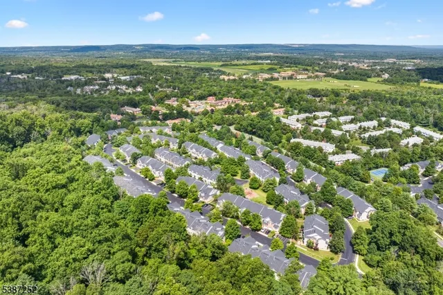an aerial view of residential houses with outdoor space and trees
