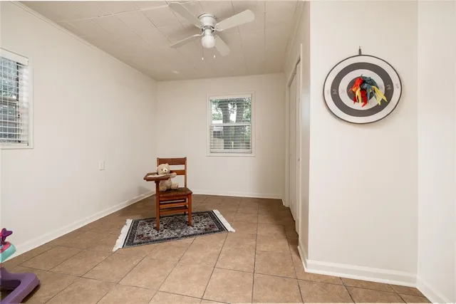 a view of a porch with plants and large tree