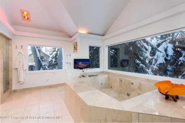 a living room with furniture and a shower