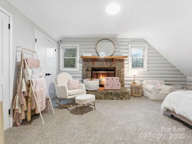 a living room with furniture or couch and a fireplace