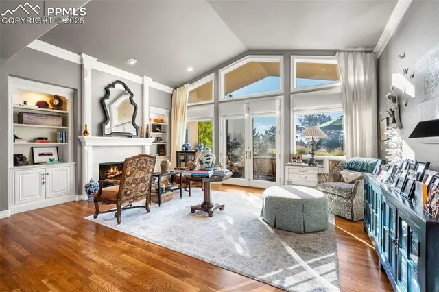 a living room with furniture a fireplace and a floor to ceiling window