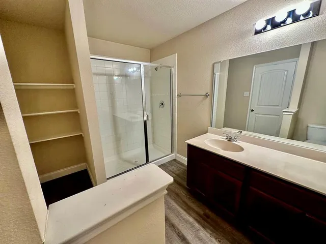 a bathroom with a sink a mirror and a shower