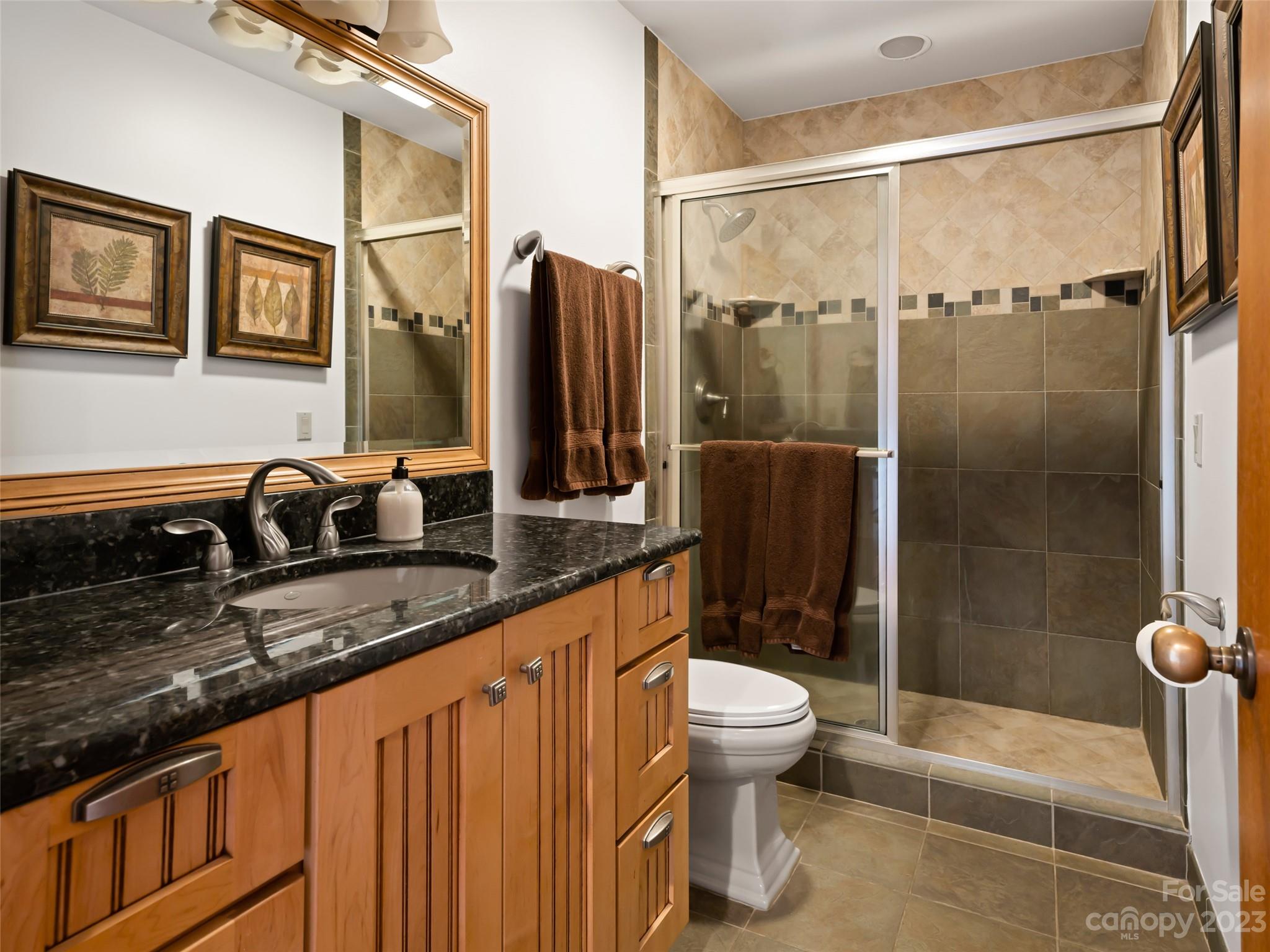 323 Lucky Lane Clyde, NC 28721 - Photo 35 of 48 a bathroom with a granite countertop sink a toilet a mirror and shower