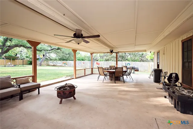 front view of a house with a patio