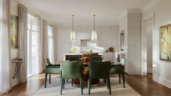 a view of a dining room with furniture