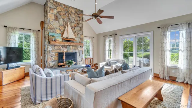 a living room with fireplace furniture and a flat screen tv